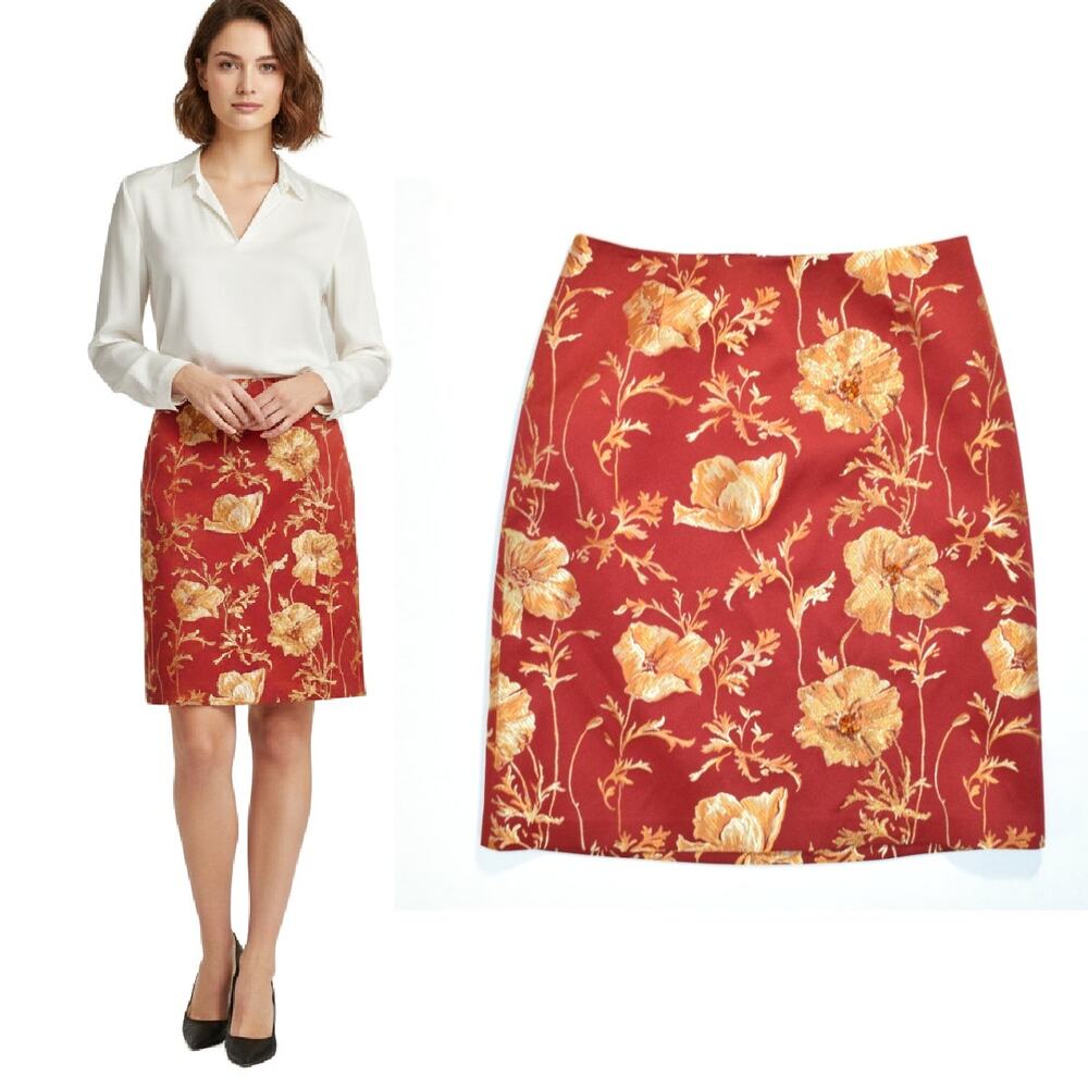 David Meister Crimson Red Floral Brocade Pencil Skirt Beaded Jacquard Sz 6 EUC